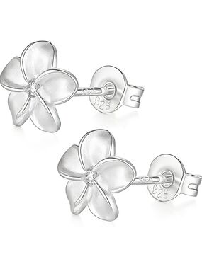 Sterling Silver Plumeria Flower Stud Earrings - White